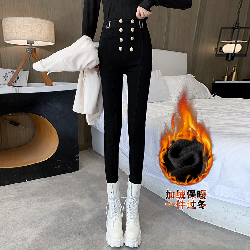 秋冬款裤黑色外穿加绒加厚双排扣打底裤高腰显瘦紧身小脚长裤子女