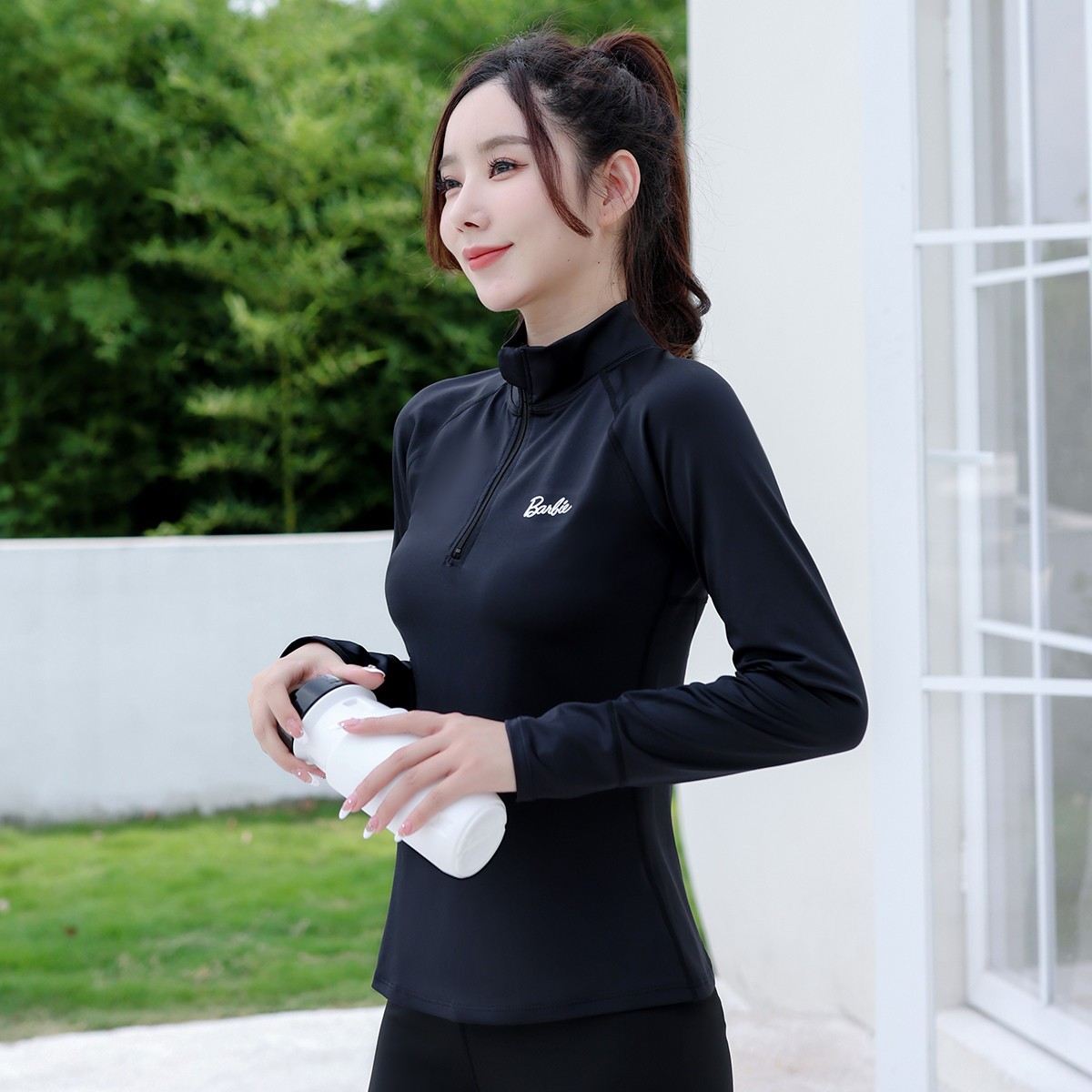 BARBIE/芭比瑜伽服修身跑步长袖上衣健身服半高领带拉链运动衣女