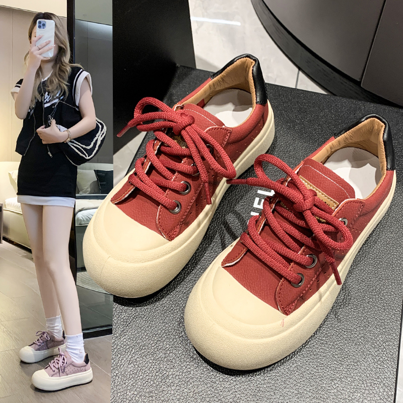单鞋女2023春季新款透气软底小白鞋大头丑萌休闲小众系带厚底板鞋