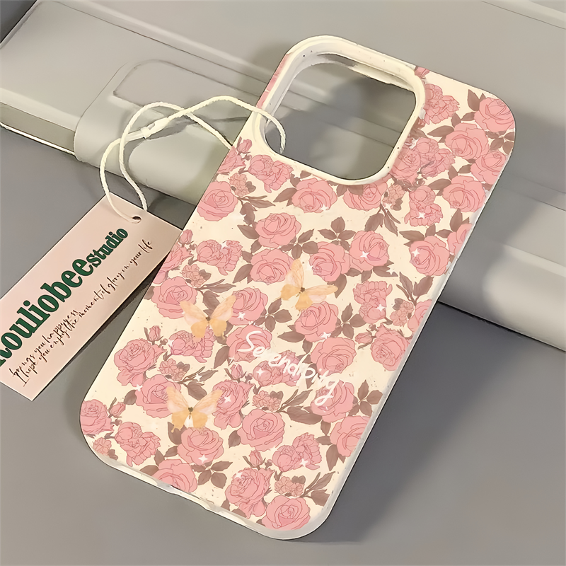小香风粉玫瑰15苹果13promax手机壳12/11小麦壳iPhone14简约xr/xs