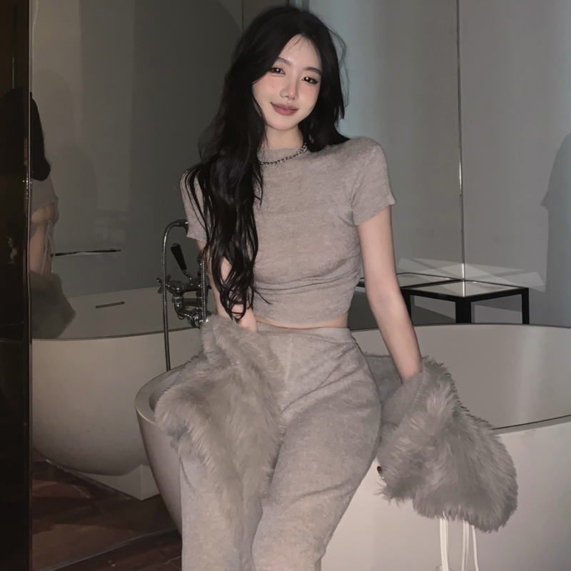 肯豆同款灰色短款系带露背针织衫女春季高腰显瘦休闲拖地裤子套装