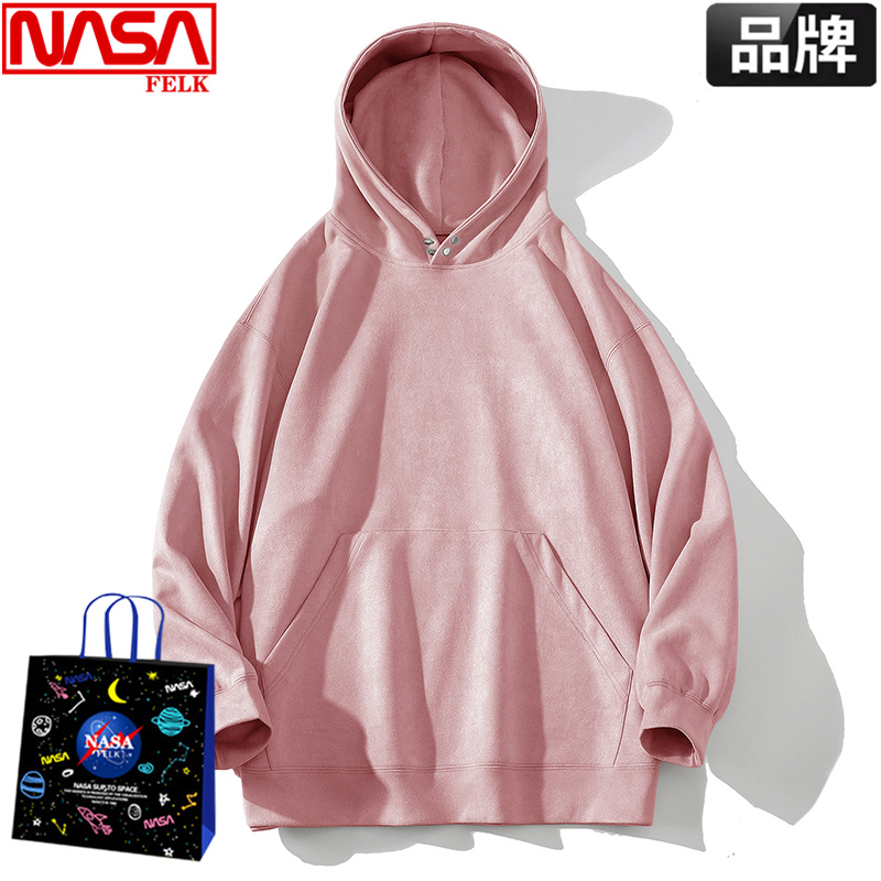 NASA联名连帽卫衣男高端麂皮绒美式重磅上衣服纯色简约百搭带帽衫