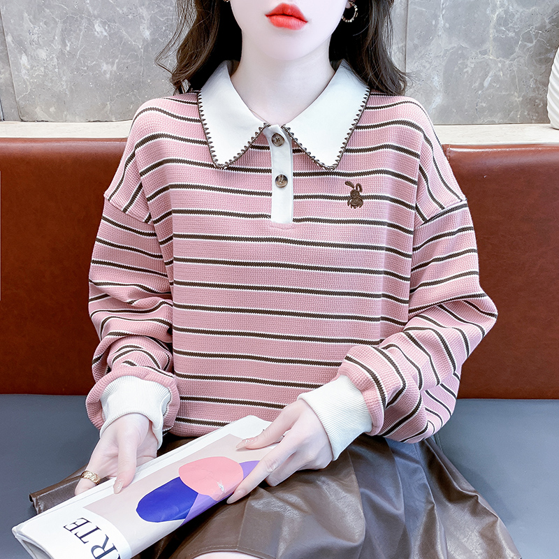 2024春秋新款慵懒风宽松Polo领长袖卫衣女士条纹洋气减龄美式上衣