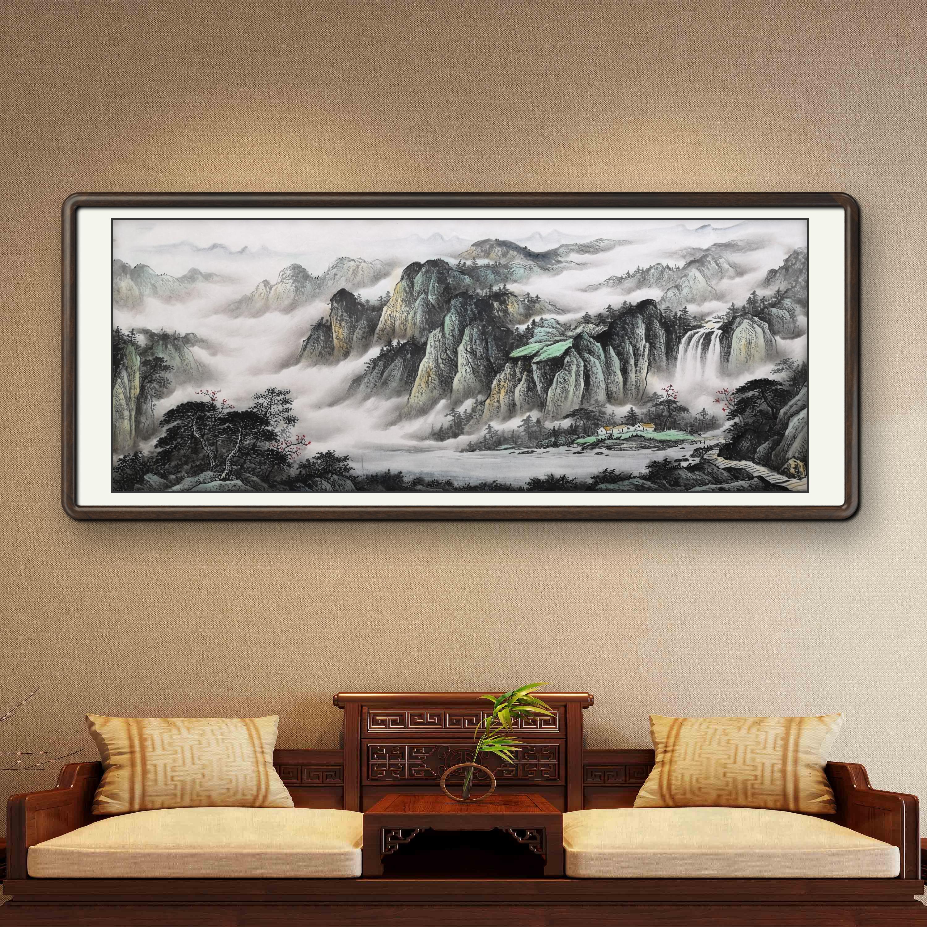 小六尺山水画金山银山靠山图手绘客厅画长城山水画鸿运当头水墨画