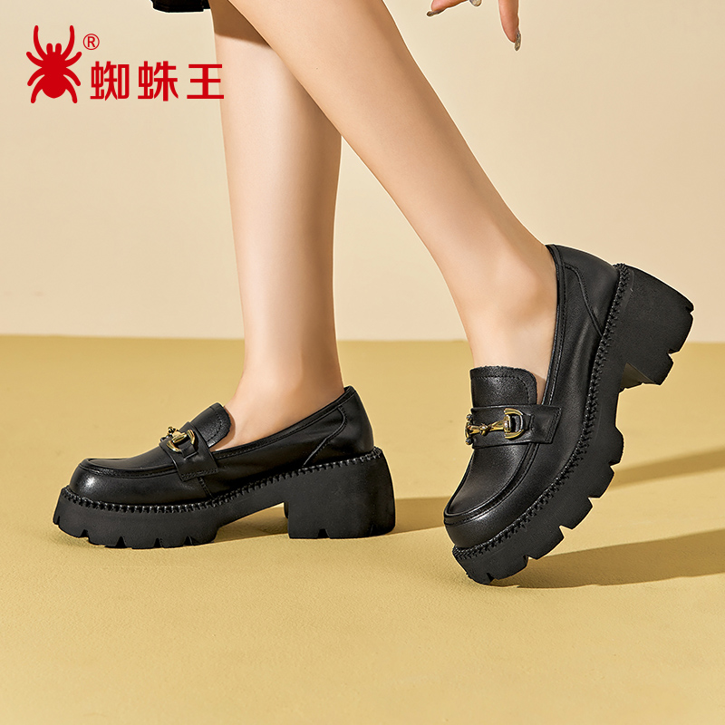 蜘蛛王女鞋2024春款厚底乐福鞋女JK制服鞋真皮黑色女小皮鞋870182