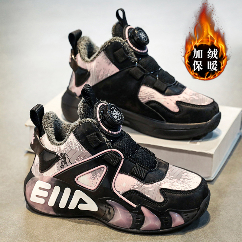 鸿尔克星女童棉鞋冬季新款皮面儿童篮球鞋加绒保暖女孩跑步运动鞋