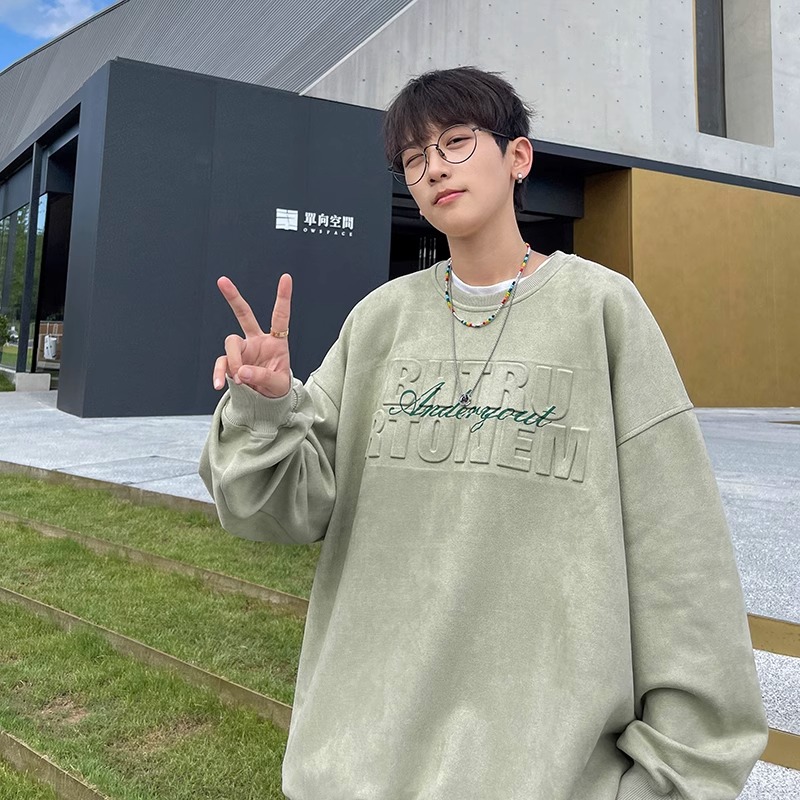 男势圆领卫衣男2023春秋新款潮牌字母钢印设计感百搭情侣宽松上衣