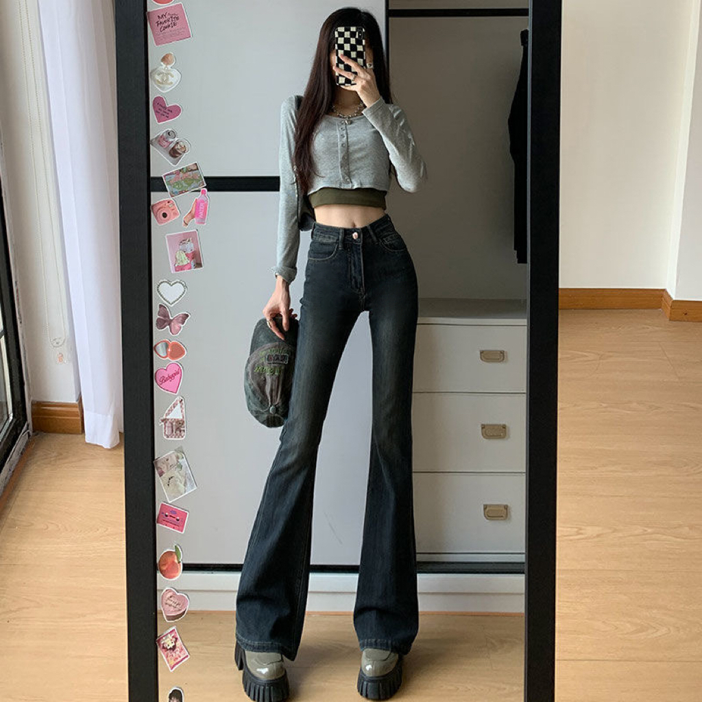 秋季2023新款高腰小众设计立体剪裁显高显瘦腿型喇叭牛仔裤女