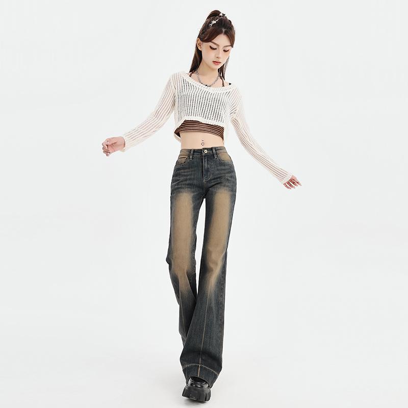 CHRISUNO春秋复古美式高街喇叭裤辣妹做旧高腰显瘦牛仔裤女