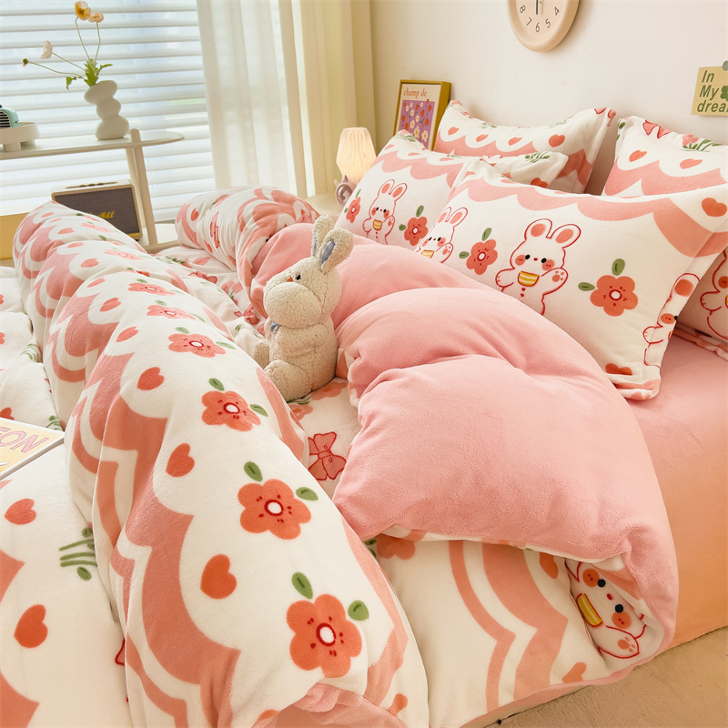 加厚牛奶绒四件套ins风冬季保暖珊瑚绒法兰绒被套床单三件套可爱