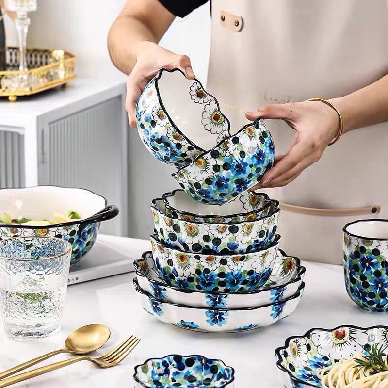 蓝浆果手绘釉下彩碗碟套装双耳汤碗家用吃饭碗波西米亚餐具陶瓷