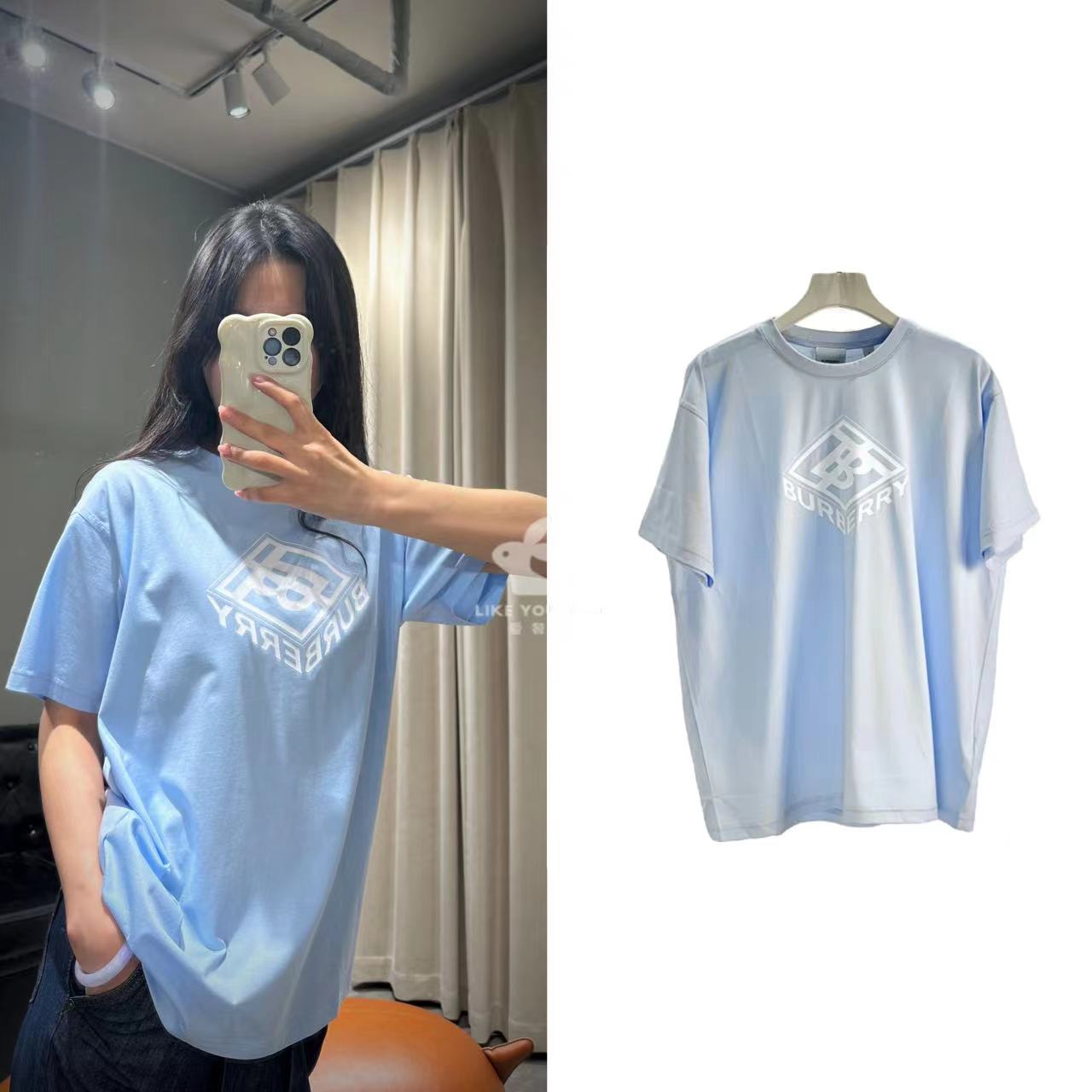 99新 BURBERRY/博柏利 巴宝莉蓝夏季圆领舒适宽松T恤 S M码 2005