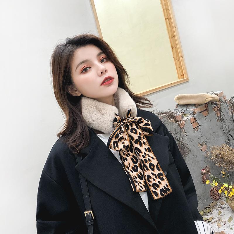 围巾女秋冬季网红百搭韩版仿獭兔毛彩色豹纹飘带毛绒围脖保暖毛领