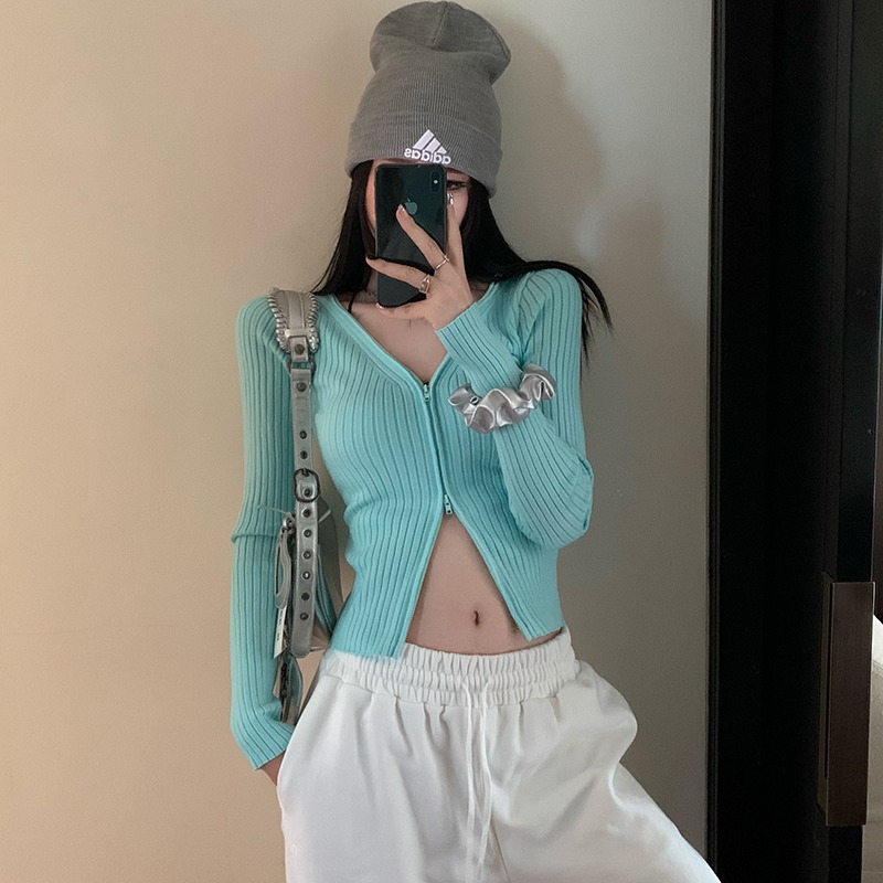 秋季绿色毛衣修身辣妹bm风v领针织衫女内搭长袖开衫拉链打底上衣