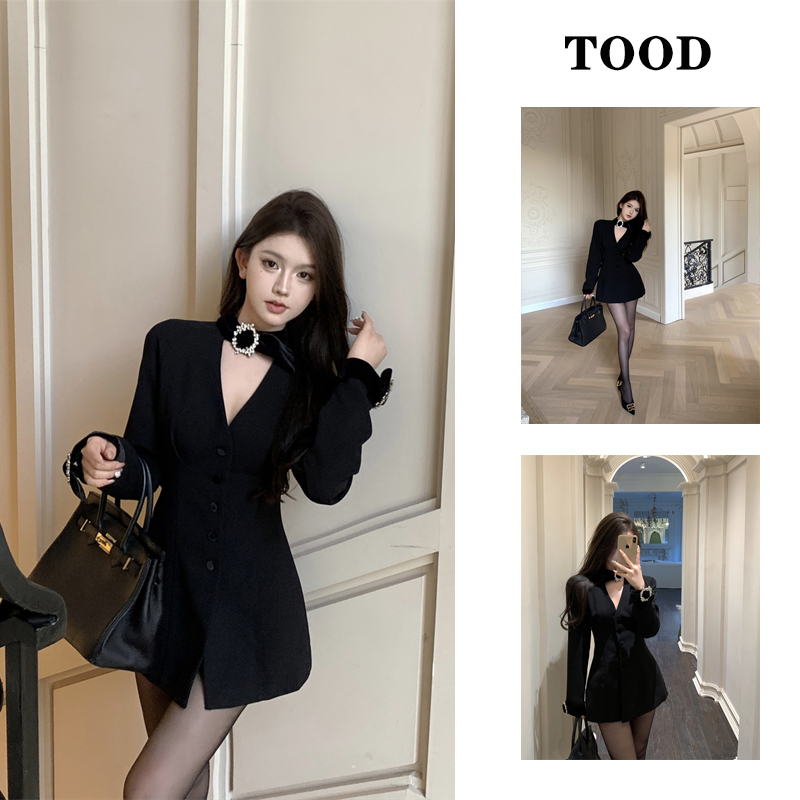 黑色气质御姐西装外套女冬季2023年新款收腰西服高级感中长款上衣