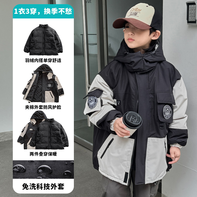 男童羽绒服三合一可拆卸派克服90白鸭绒男童冬装中大童防风外套潮