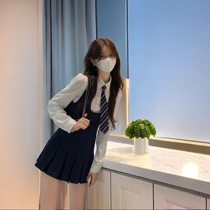 纯欲减龄学院风连衣裙春季高级感长袖衬衫时尚显瘦百褶裙制服套装