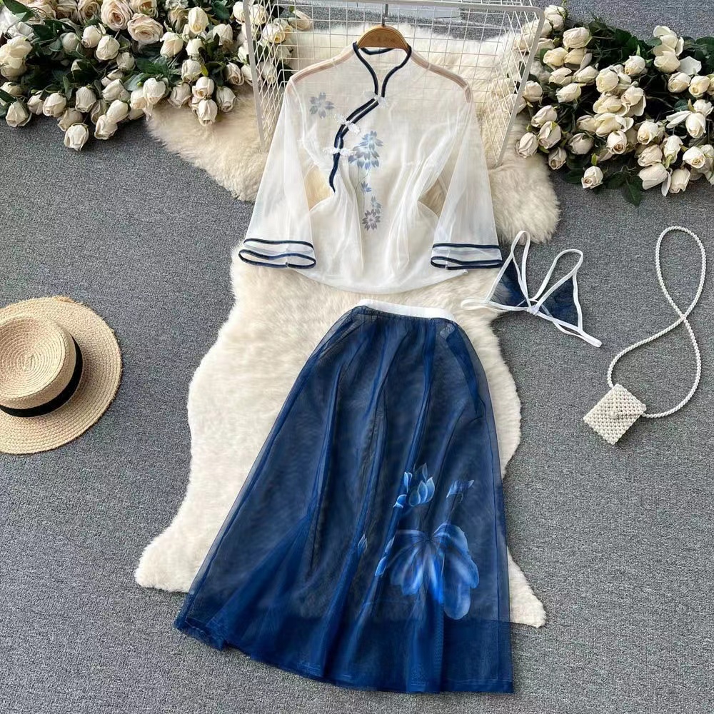 【户外免脱】内衣女情调趣味蓝色汉元素夏季国风性感情调透视装刺