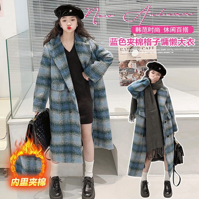 女童格子大衣秋冬款加厚夹棉上衣洋气儿童休闲百搭中大童毛呢外套