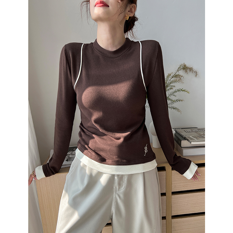 德绒假两件打底衫女秋冬内搭修身洋气长袖T恤圆领高级感保暖上衣