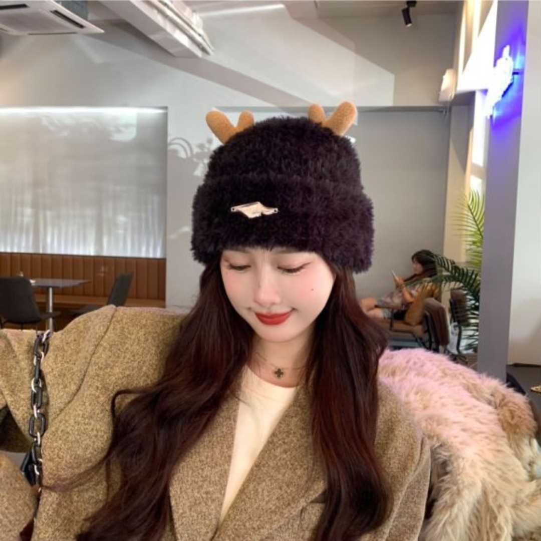可爱小鹿耳朵帽子女秋冬季日系学生毛绒加厚保暖护耳显脸小套头帽