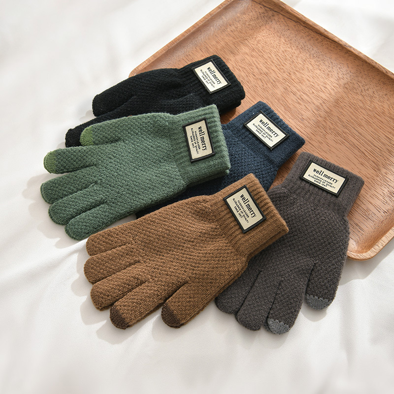 手套男秋冬季加绒加厚韩版防寒五指骑行触屏保暖毛线针织手套百搭
